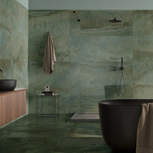 Ferrum green porcelain wall and floor tile used for modern interiors