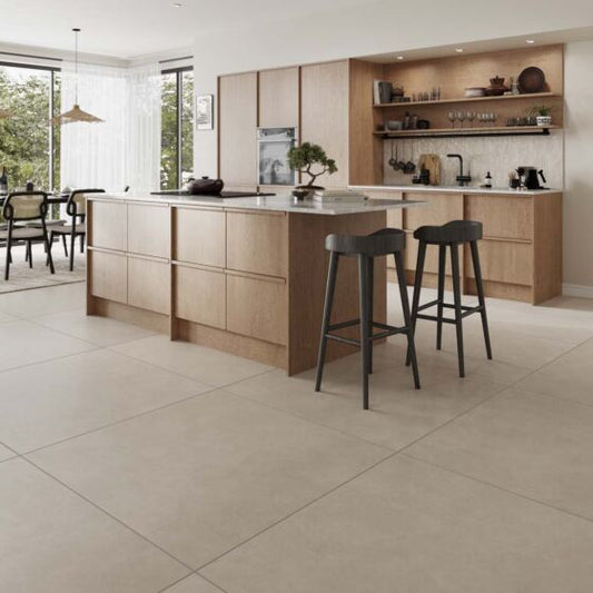Sylish kitchen featuring large format Florence greige wall and floor tile 