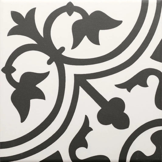 Close up of Madrid black and white pattern floor tile for walls and floors