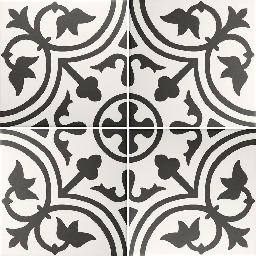 Close up of Madrid black and white pattern floor tile for kitchens and bathrooms