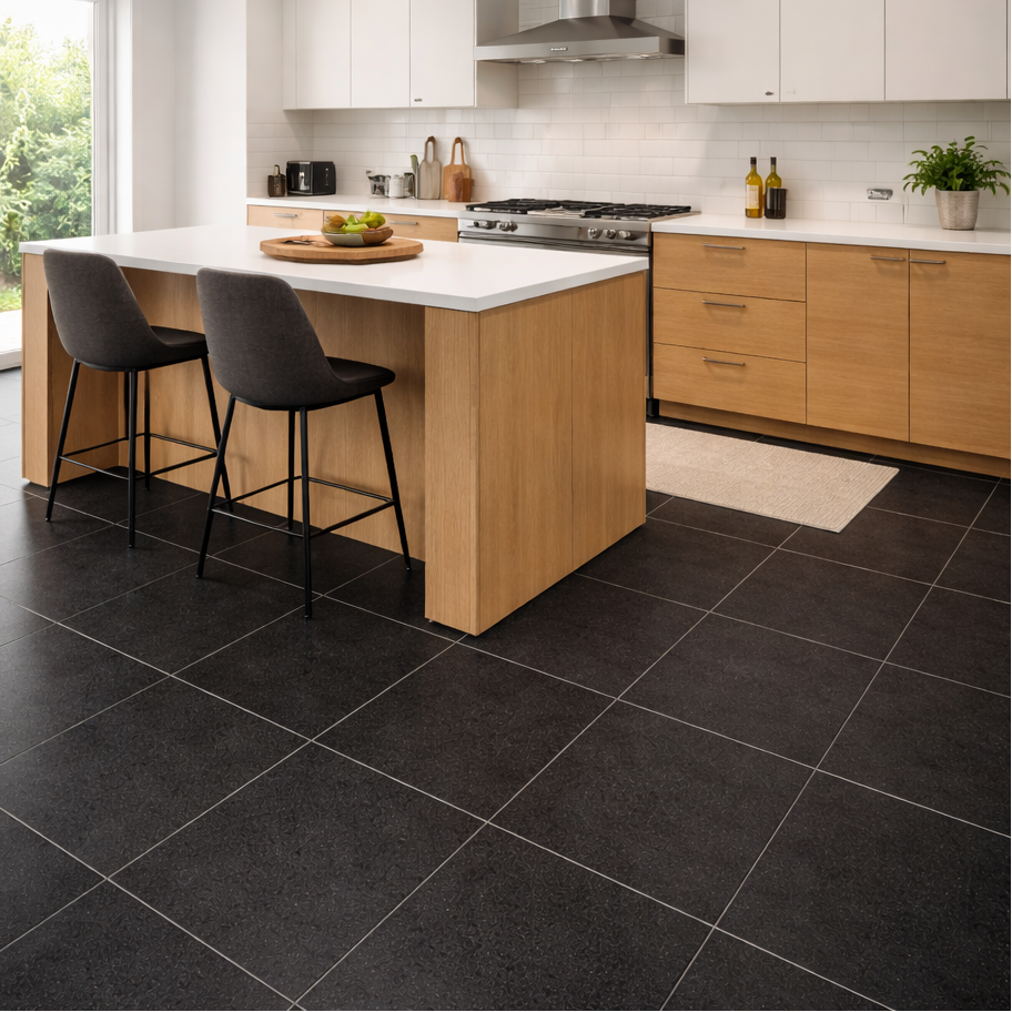 Kitchen floor tiled with Sparkle black porcelain wall and floor tile featuring a shimmering sparkle effect