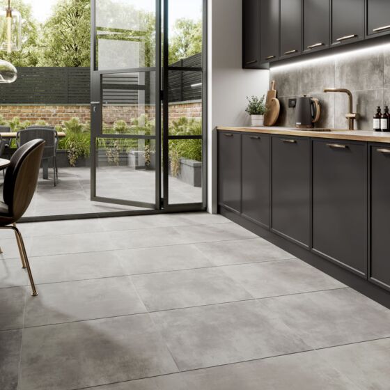 Modern kitchen featuring Morning ash porcelain matte floor tiles 