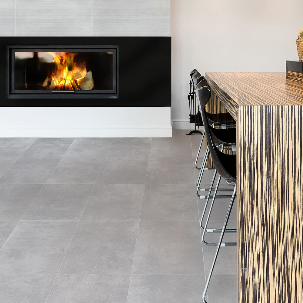 Modern living room styled with Morning ash porcelain matte floor tiles 