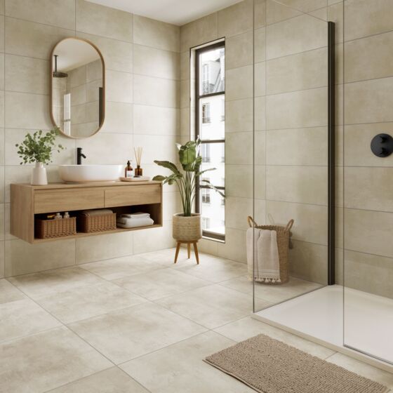 Luxury bathroom styled using Morning cream wall and floor tiles with matching decorative feature tiles