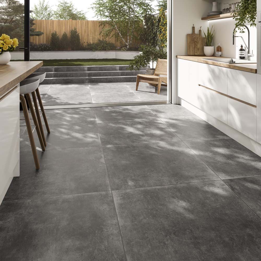 Kitchen finished with Morning grey porcelain matte wall and floor tiles. 
