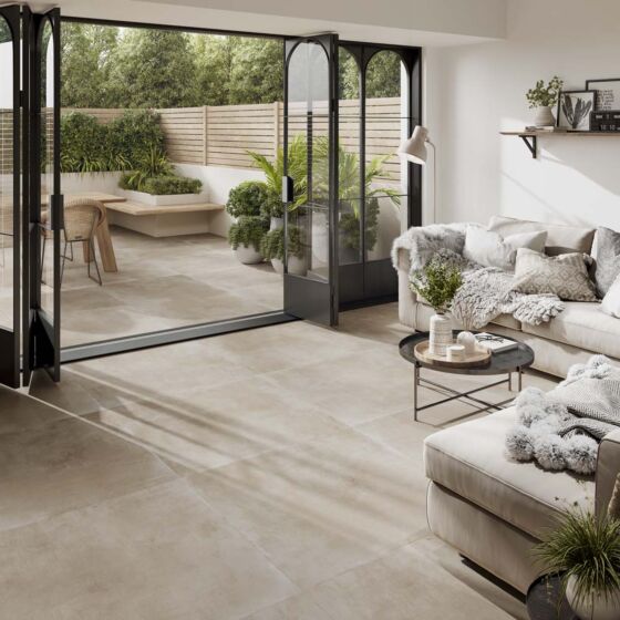 Modern living room featuring Morning taupe porcelain matte floor tiles