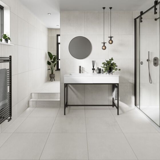 Modern bathroom designed with Morning white porcelain wall and floor tiles