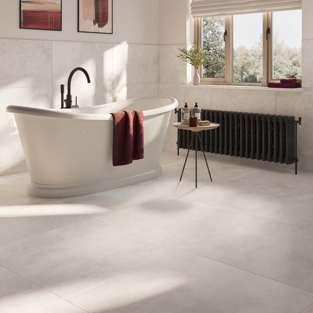 Bathroom design with Morning white Italian porcelain wall and floor tiles