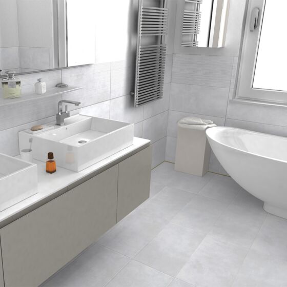 Contemporary bathroom with Morning white porcelain tile for walls and floors