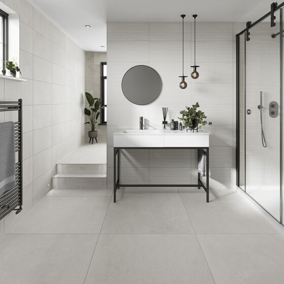 Contemporary bathroom with Morning white porcelain matte wall and floor tile 