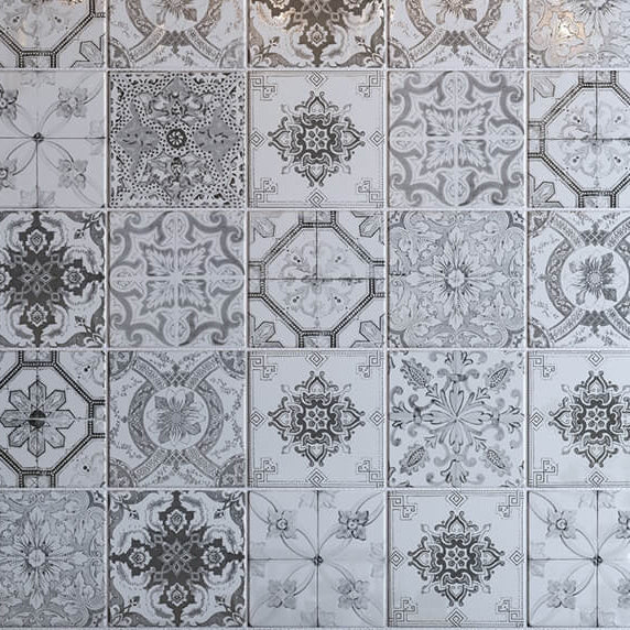 Morocco grey patterned feature wall and floor tiles