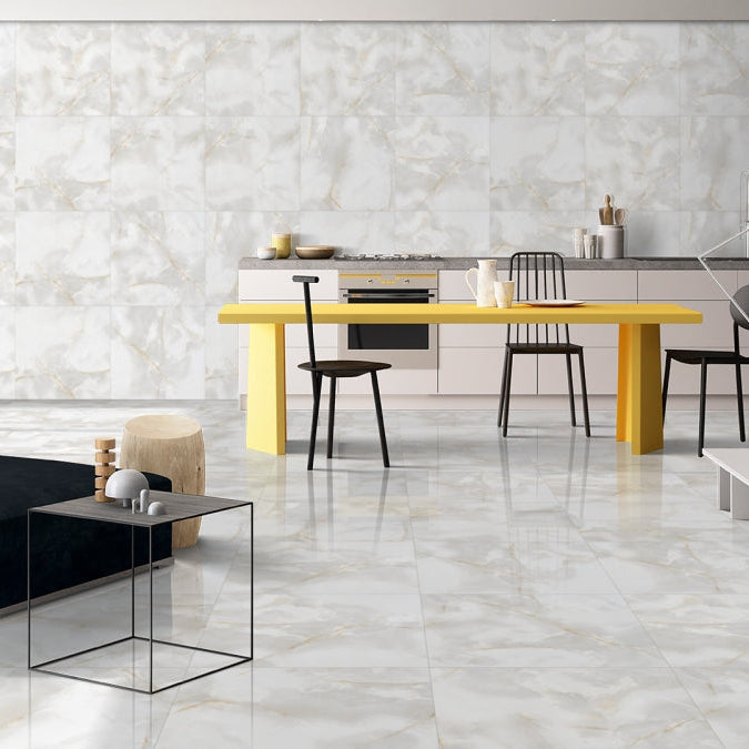Luxury kitchen with Onyx gold marble tile with polished finish and soft gold veining