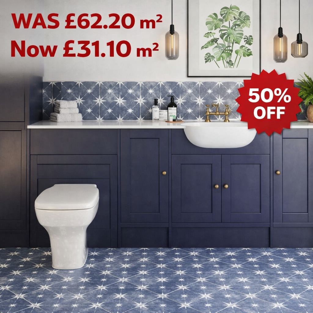 Blue bathroom tiled with Orb blue patterned tile suitable for bathroom and kitchen surfaces