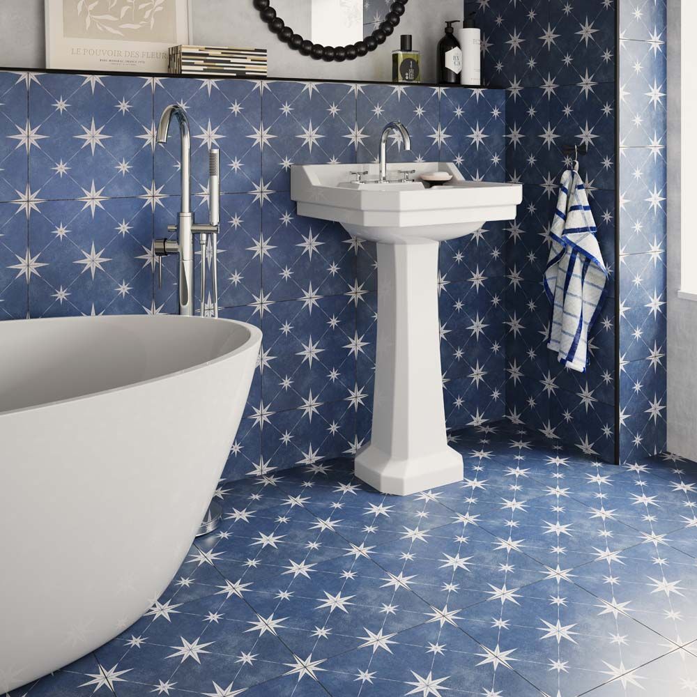 Bathroom featuring Orb blue pattern tile suitable for walls and floors