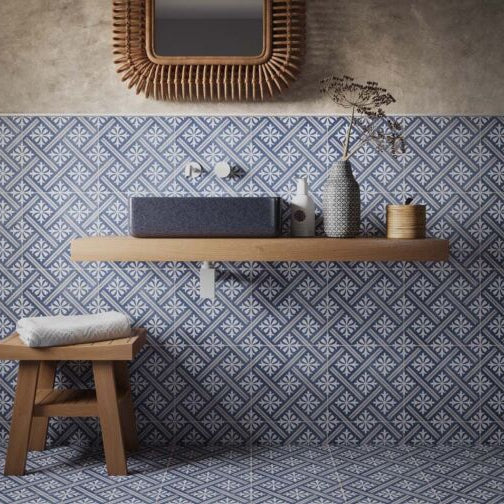 Contemporary bathroom featuring Peat blue tiles on the wall and floor