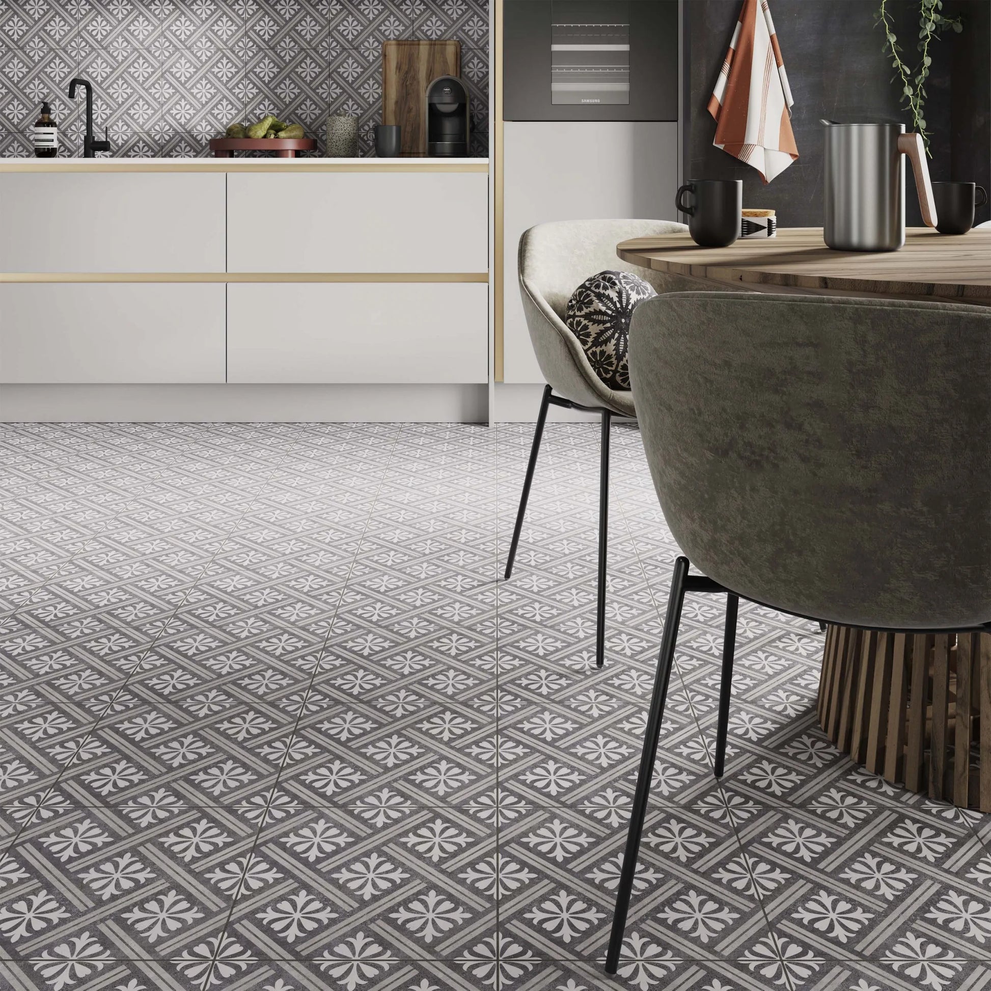Contemporary kitchen tiled with Peat charcoal patterned tile suitable for walls and floors