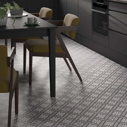 Modern kitchen floor tiled with Peat charcoal suitable for bathroom and kitchen surfaces