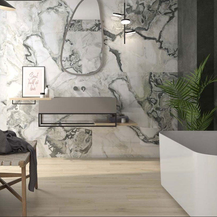Floor featuring Perth Birch wood effect plank wall and floor tile in a natural timber finish