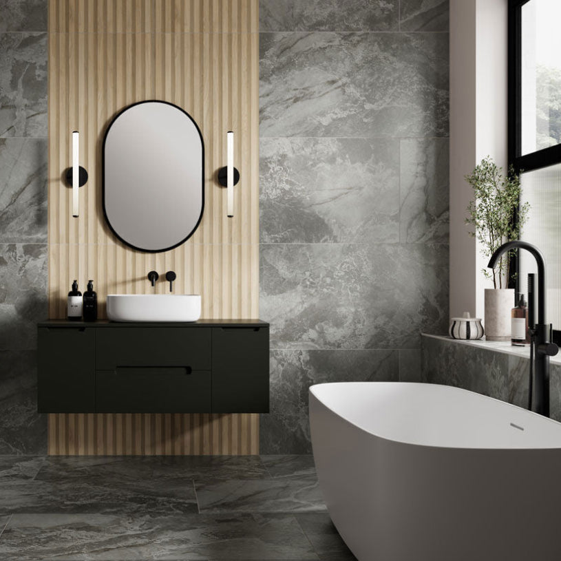 Luxury bathroom featuring Perth birch wood effect panel 