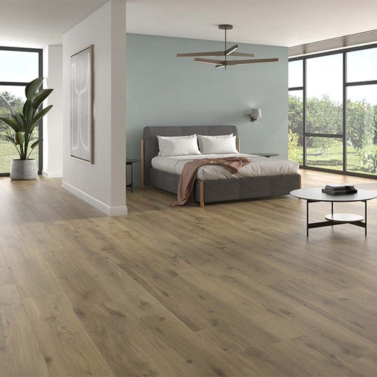 Beautiful bedroom floor tiled with Perth dark oad wood effect plank tile