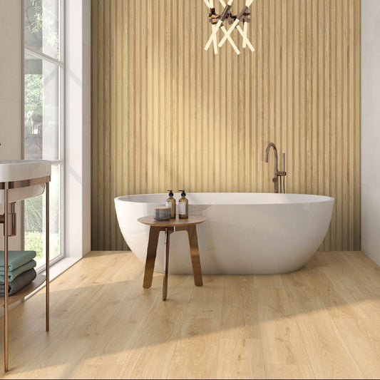 Luxury bathroom tiled with Perth light oak wood effect plank and panel tiles