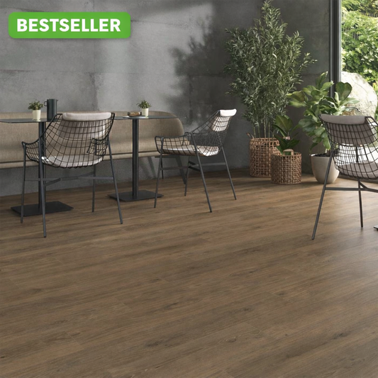 Floor tiled with Perth walnut wood effect plank wall and floor tile 