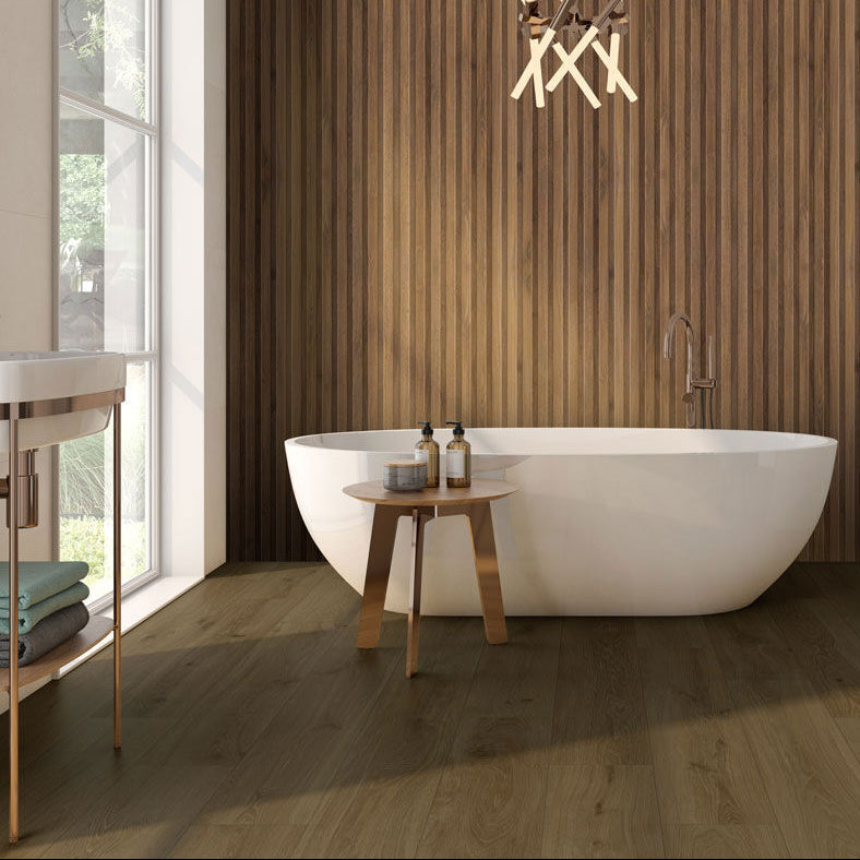Modern bathroom designed with Perth walnut wood effect floor and wall tile 