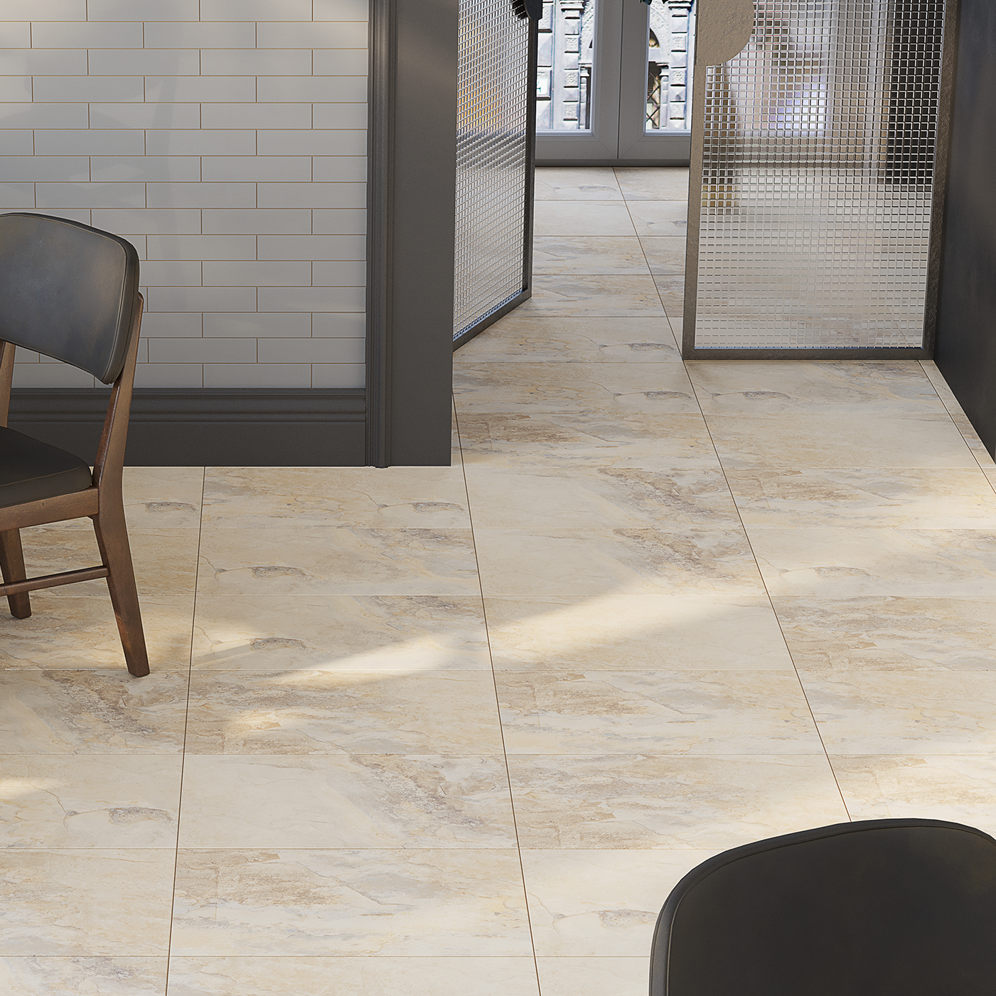 Floor tiled with Rockface beige stone effect tile 