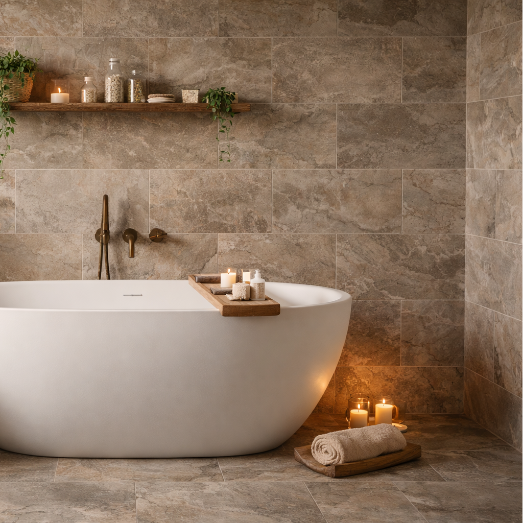 Luxury bathroom tiled with Rockface grey stone effect tile for modern interiors