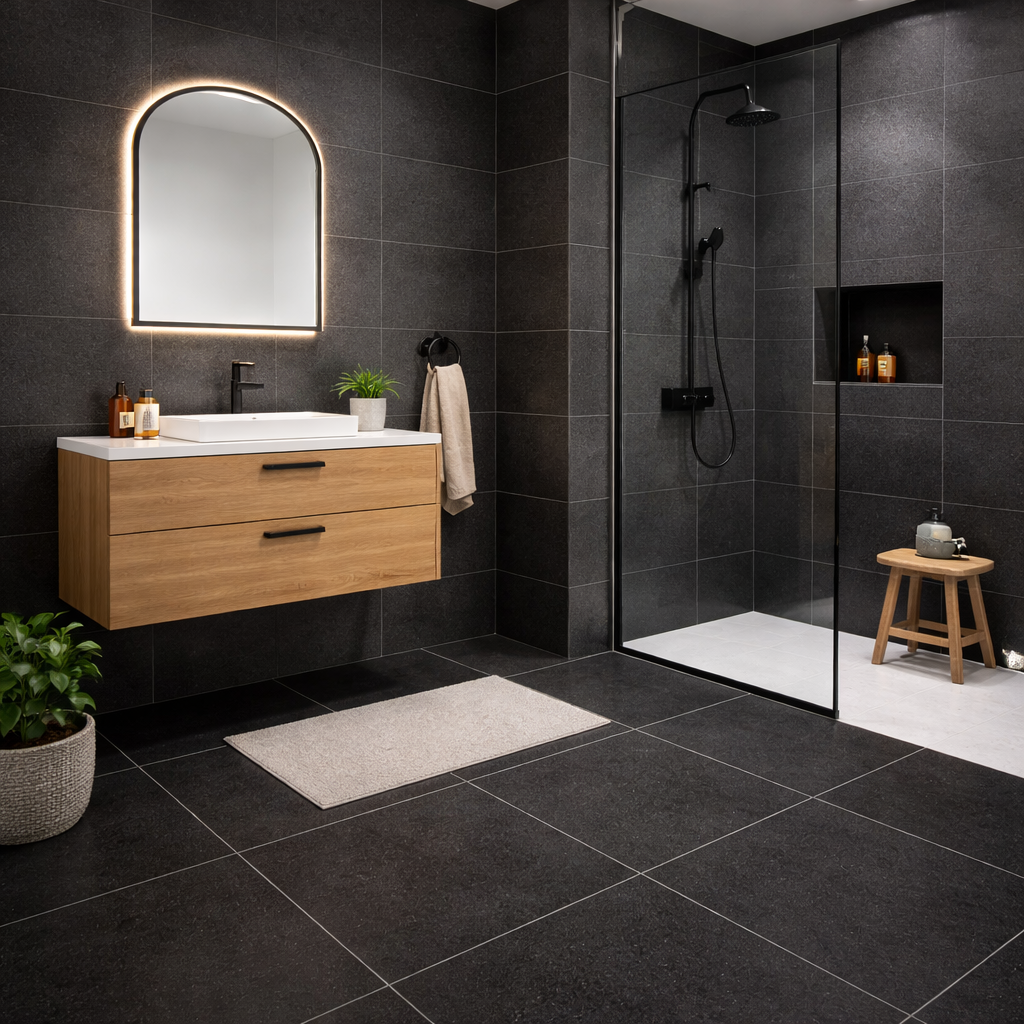 Luxury bathroom tiled with Sparkle black 60x60 wall and floor tile featuring a shimmering sparkle effect