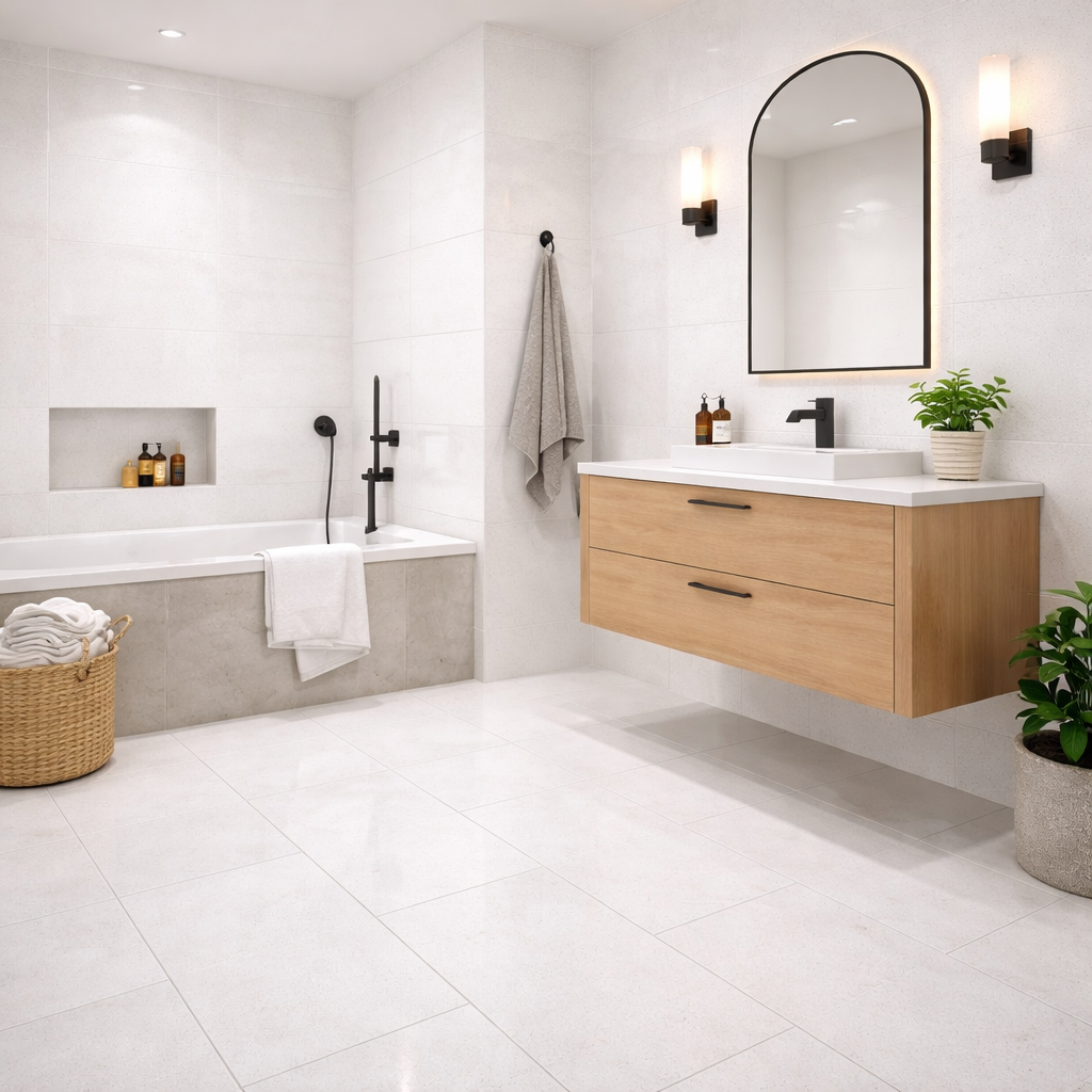 Designer bathroom featuring Sparkle white porcelain wall and floor tile featuring a shimmering sparkle effect