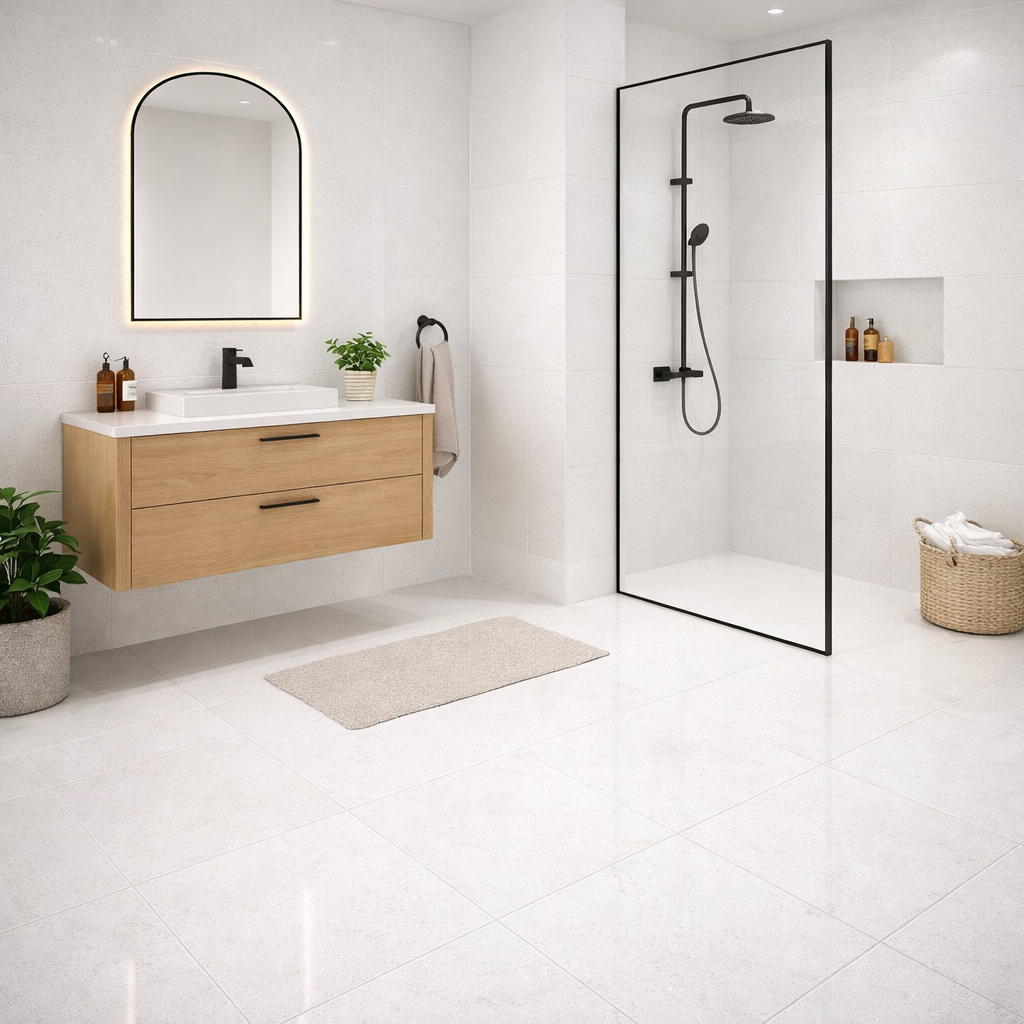 Modern bathroom featuring Sparkle white wall and floor tile featuring a shimmering sparkle effect