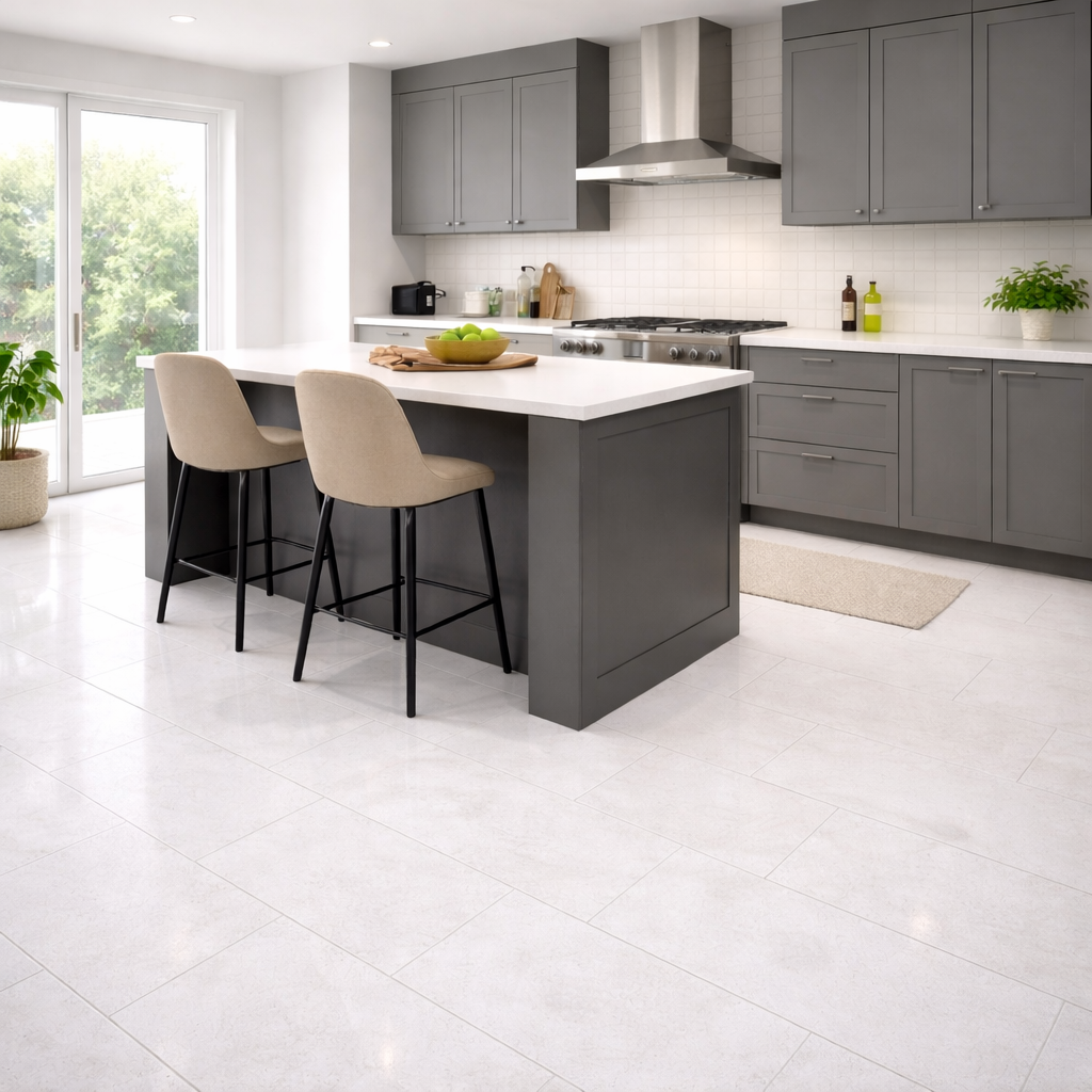Designer kitchen tiled with Sparkle white porcelain wall and floor tile featuring a shimmering sparkle effect