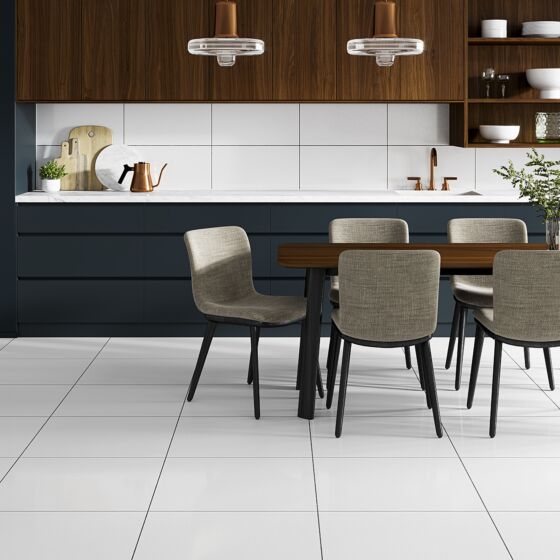 Modern kitchen with Sparkle white porcelain wall and floor tile featuring a shimmering sparkle effect