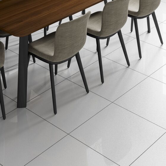 Kitchen floor tiled with Sparkle white 60x60 porcelain wall and floor tile featuring a shimmering sparkle effect