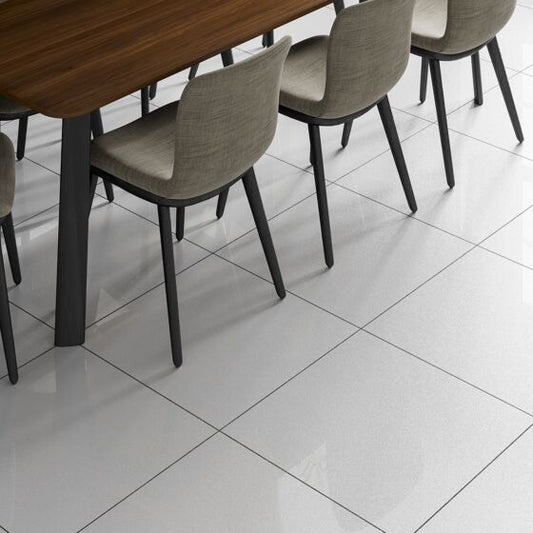 Kitchen floor tiled with Sparkle white 60x60 porcelain wall and floor tile featuring a shimmering sparkle effect