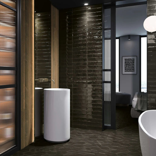 Luxury bathroom featuring Wish Ash Brick Gloss Wall Tiles 