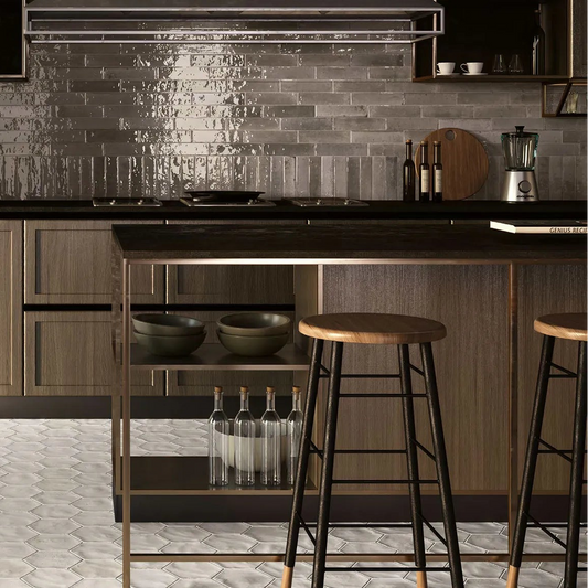 Wish Ash Brick Gloss Wall Tiles used as a kitchen splashback, featuring a contemporary ash colour and glossy finish