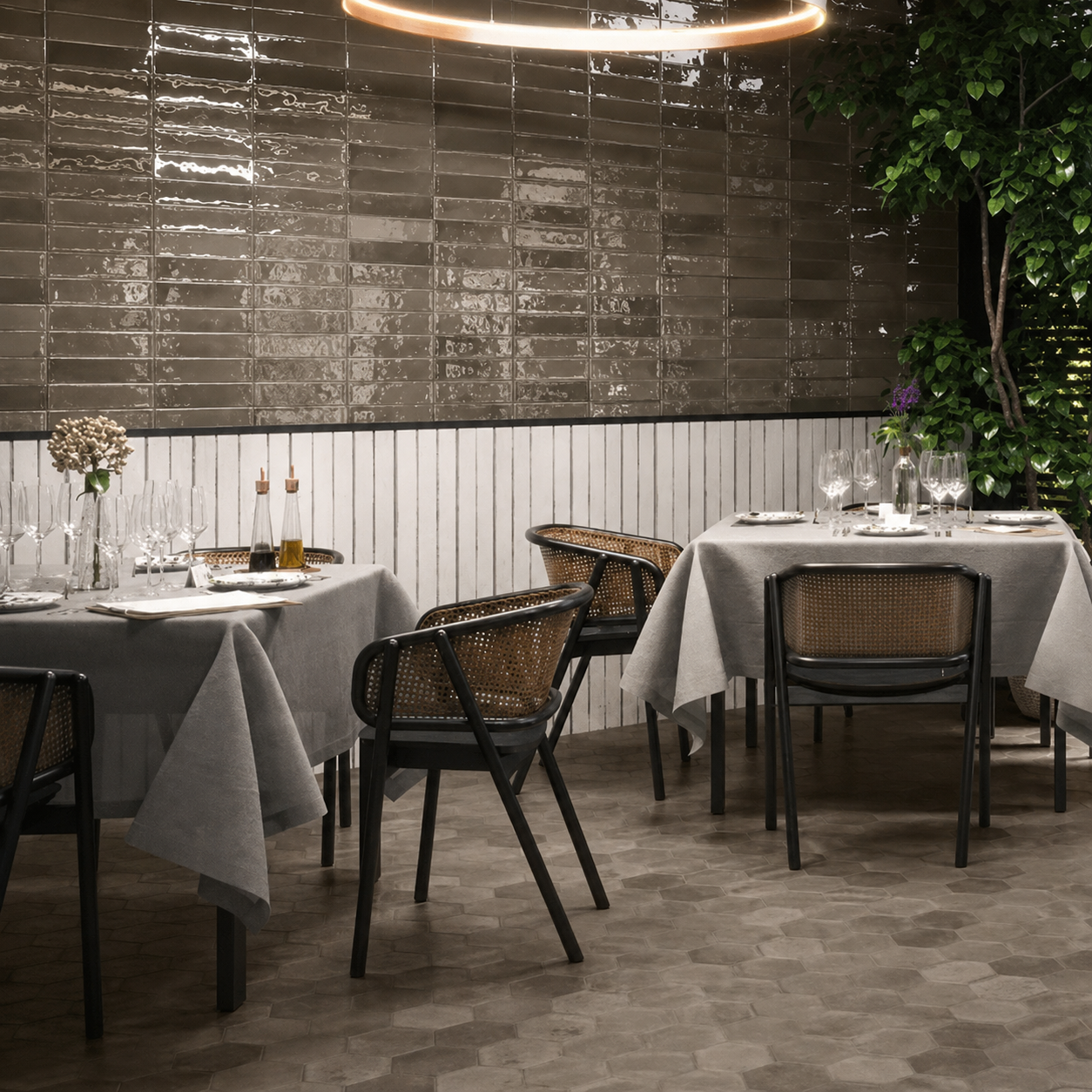 Wish Ash Brick Gloss Wall installed in a modern bar and restaurant