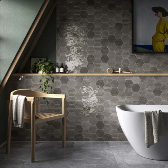 Gloss finish hexagon Wish ash wall tiles installed in a luxury bathroom