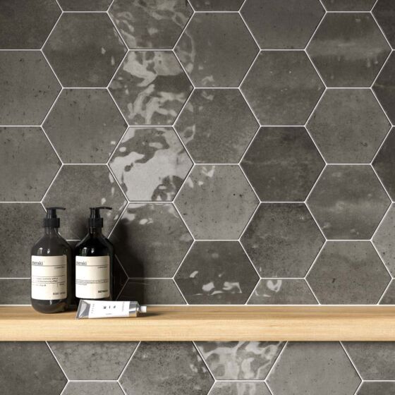 Modern bathroom featuring hexagon shaped Wish ash gloss wall tiles 