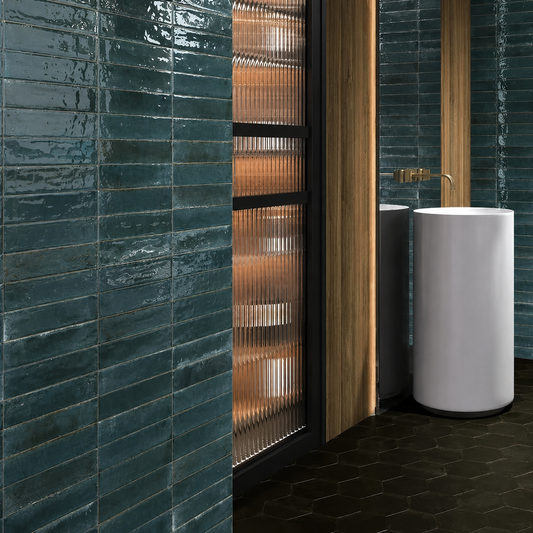 Wish Blue Brick Gloss Wall Tiles installed in a luxury bathroom wall with a glossy finish
