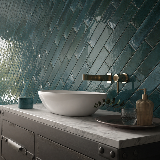Wish Blue Brick Gloss Wall Tiles installed on a modern bathroom wall with a glossy finish