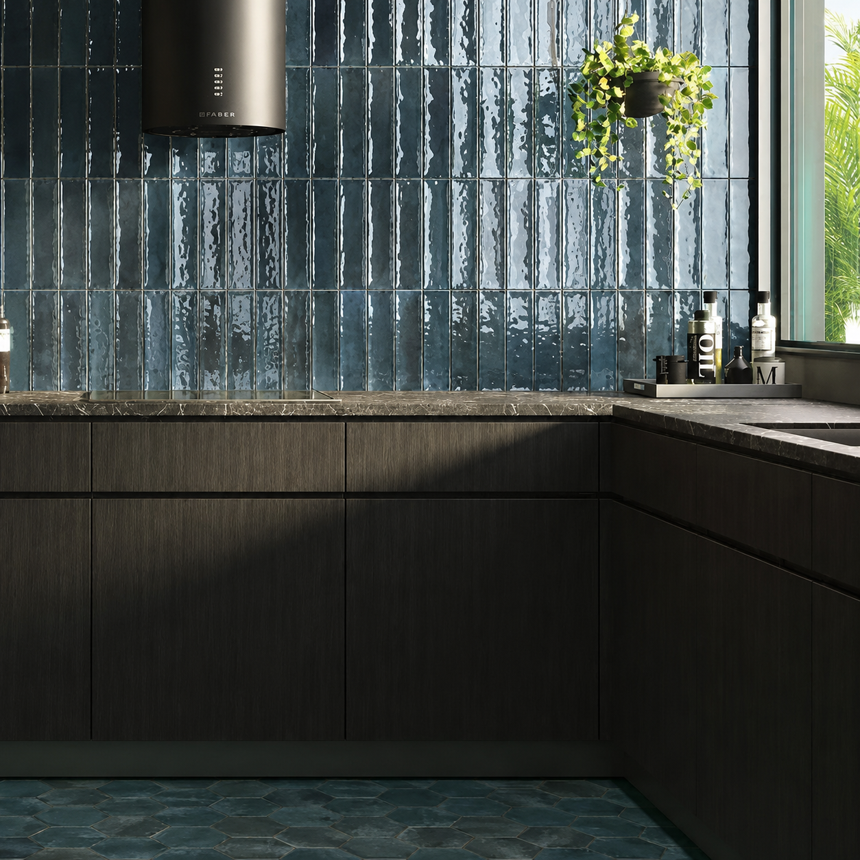 Wish Blue Brick Gloss Wall Tiles used as a kitchen splashback, featuring a rich blue colour and glossy finish.