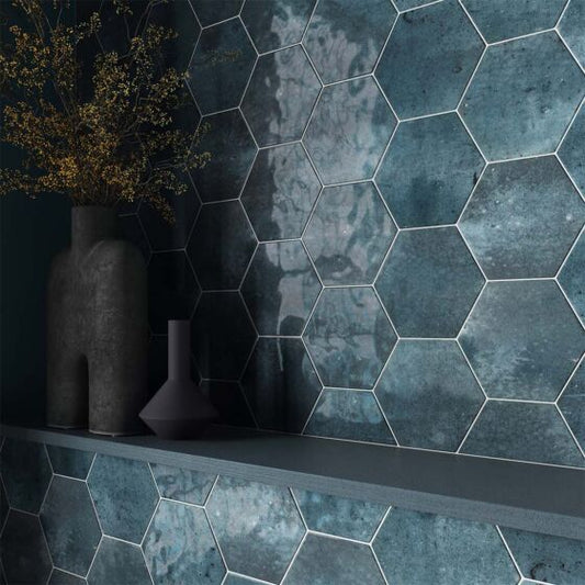 Hexagon shaped Wish blue gloss wall tiles for modern bathroom design available in multiple colors