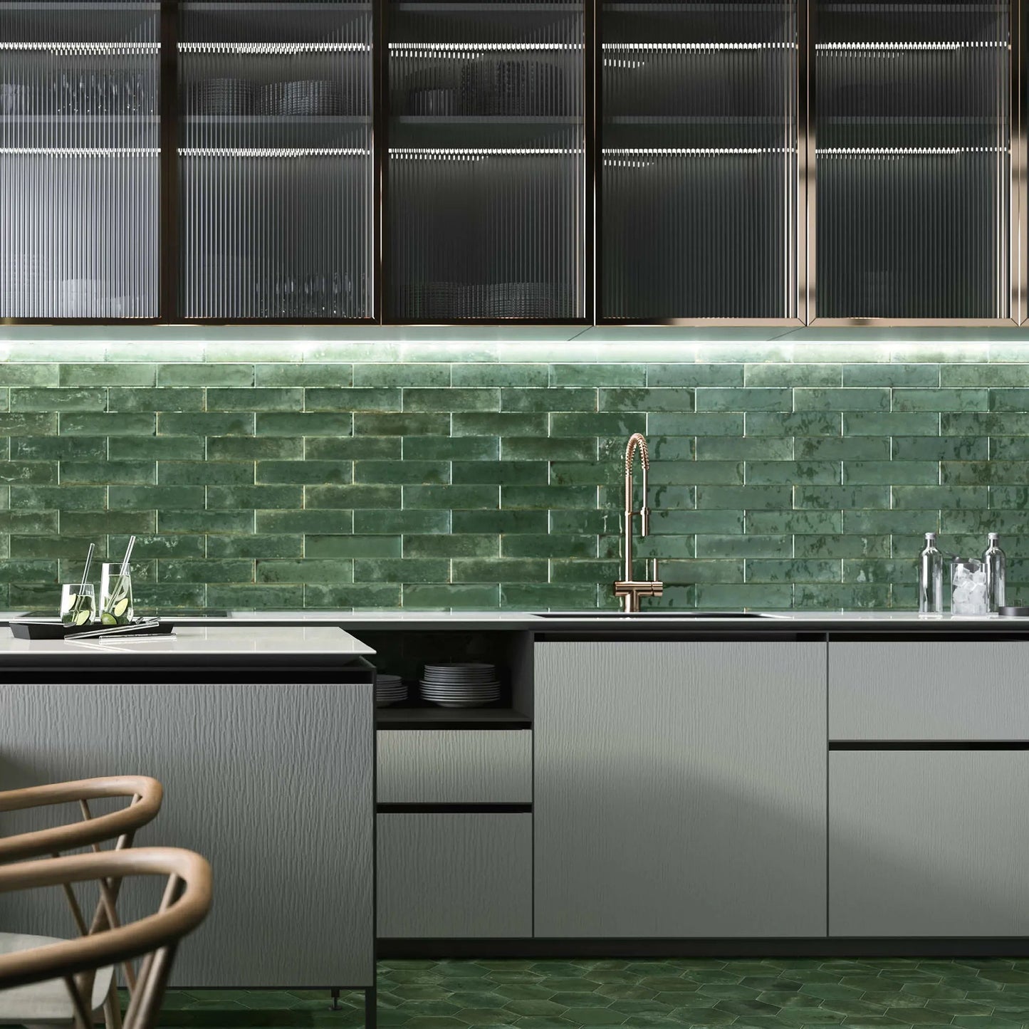 Wish Green Brick Gloss Wall Tiles used as a kitchen splashback, featuring a deep green colour and glossy finish.