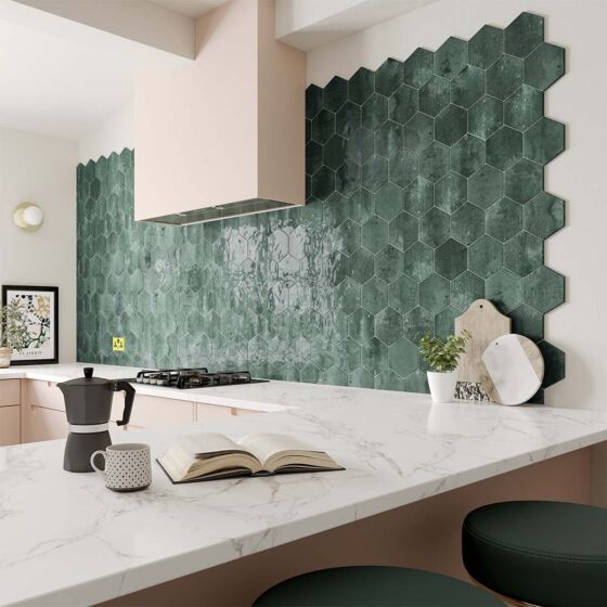 Glossy Wish green hexagon wall tiles installed in a stylish kitchen backsplash