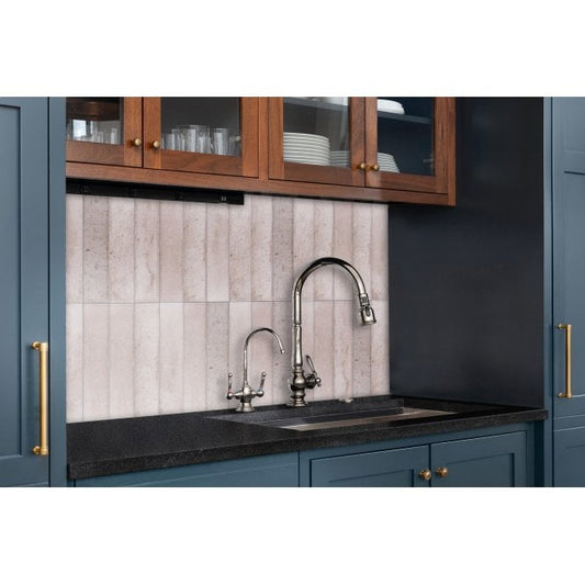 Kitchen featuring wish pink brick shaped gloss wall tiles